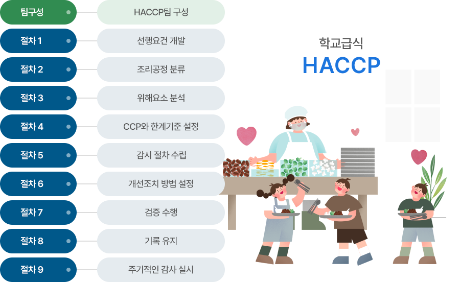 팀구성(HACCP팀 구성)-절차1(선행요건 개발)-절차2(조리공정 분류)-절차3(위해요소 분석)-절차4(CCP와 한계기준 설정)-절차5(감시 절차 수립)-절차6(개선조치 방법 설정)-절차7(검증 수행)-절차8(기록 유지)-절차9(주기적인 감사 실시)