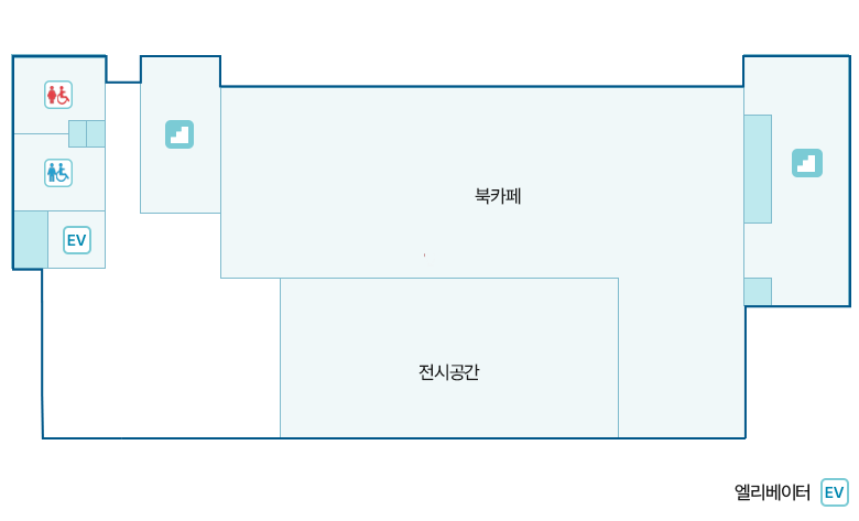 제2청사 1층 청사배치도에 대한 이미지. 1H1 홀을 기준으로 좌측 상단에 W102 여자화장실, W101 남자화장실이 있으며 그 우측엔 1S1 계단실이 위치해있다. 그리고 101호 북카페가 크게 위치해 있으며 그 내부엔 102호 어린이실도 있다. 101호 아래엔 옥외 하단이 있으며 우측엔 103호 창고, 1S2 계단실이 위치해있다.