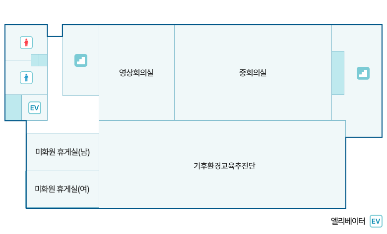 제2청사 8층 청사배치도에 대한 이미지. 8H1 홀을 기준으로 좌측 상단에 W802 여자화장실, W801 남자화장실, 엘리베이터가 있고 홀 윗쪽으로는 8S1 계단실이 위치해있다. 홀 아래로는 801호 여자샤워실, 802호 남자샤워실, 803호 여자탈의실, 804호 남자탈의실이 있으며 그 옆으로는 805호 체력단련장, 506호 창고, 8S2 계단실, 807호 창고, 808호 주방, 809호 모둠실이 위치해있다.